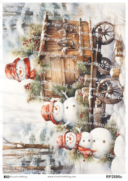 Snowman Family by Rustic Cart Christmas Decoupage Paper | RP2886c