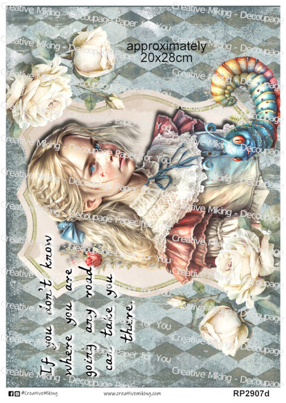 Wonderland Girl Quote Decoupage Paper - “If You Don’t Know Where You Are Going, Any Road Can Take You There” | RP2907d