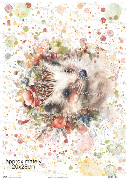 Hedgehog Watercolor Splashes Decoupage Paper | RP2915b