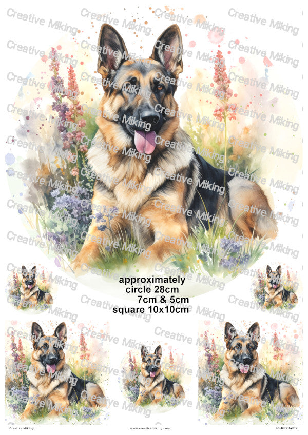 German Shepherd Dog in Meadow Watercolor Decoupage Rice Paper | RP2940f2