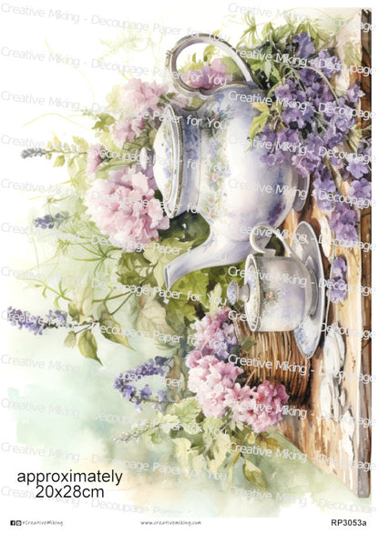 Teapot and Cups with Garden Flowers Decoupage Paper | RP3053a