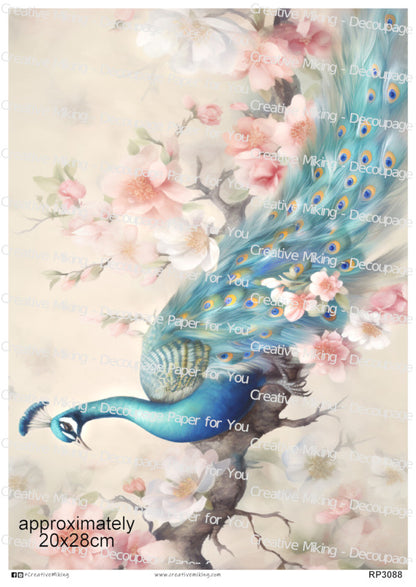 Peacock Bird Among Cherry Blossoms Decoupage Paper | RP3088