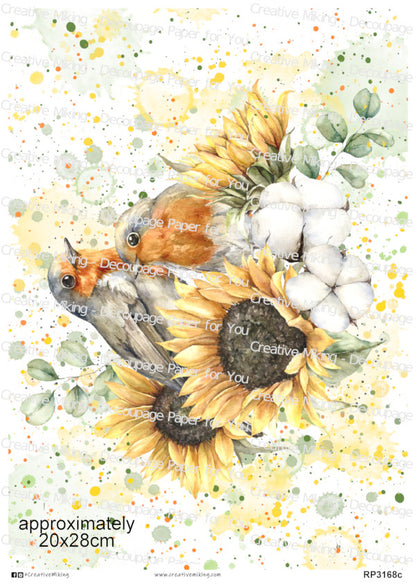 Robin Birds Among Sunflowers And Cotton Watercolor Splashes Decoupage Rice Paper | RP3168c