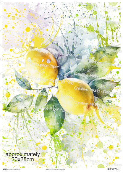 Lemons With Green Leaves Watercolor Splashes Decoupage Paper | RP3171c
