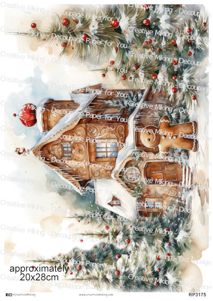 Gingerbread Man And Gingerbread House Among Winter Greenery Christmas Decoupage Paper | RP3175