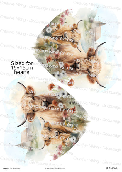 Highland Cow With Calf Among Wildflowers Watercolor Splashes Decoupage Paper | RP3194b