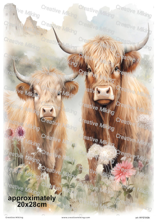 Highland Cow With Calf Among Wildflowers Decoupage Paper | RP3195b