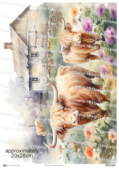 Highland Cow With Calf Among Wildflowers Decoupage Paper | RP3196