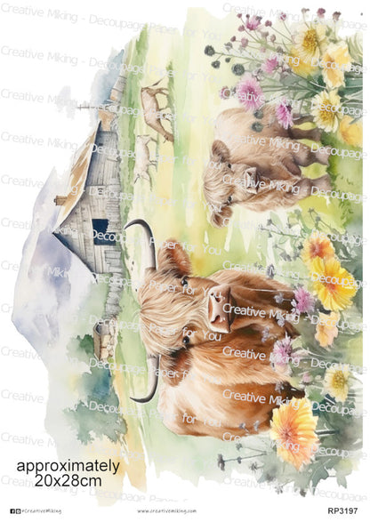Highland Cow With Calf Among Wildflowers Decoupage Paper | RP3197