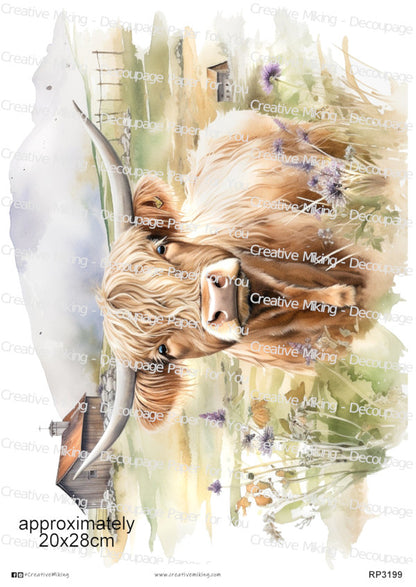 Highland Cow In Countryside Landscape Decoupage Paper | RP3199