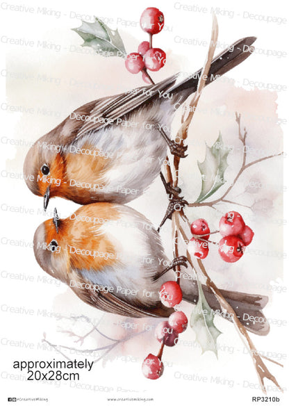 Robins On Branch With Red Berries Decoupage Paper | RP3210b