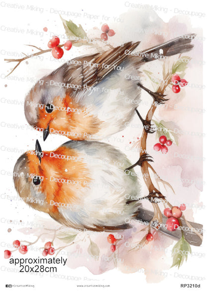 Robins On Branch With Red Berries Decoupage Paper | RP3210d