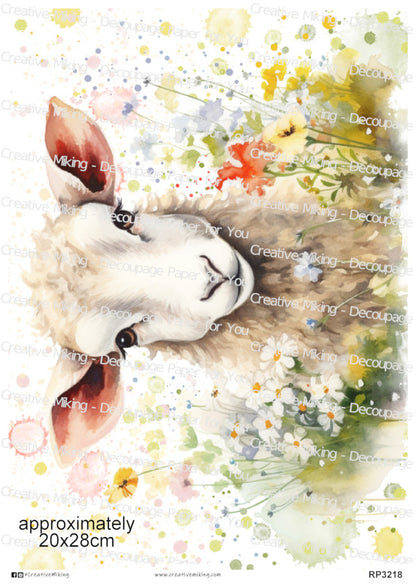 Lamb Among Wildflowers Watercolor Splashes Decoupage Paper | RP3218