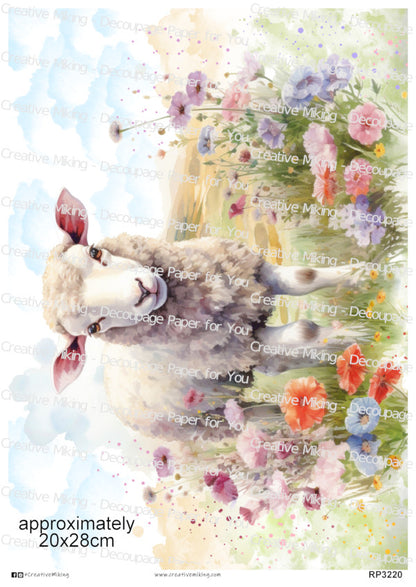 Lamb In Blooming Meadow Decoupage Paper | RP3220