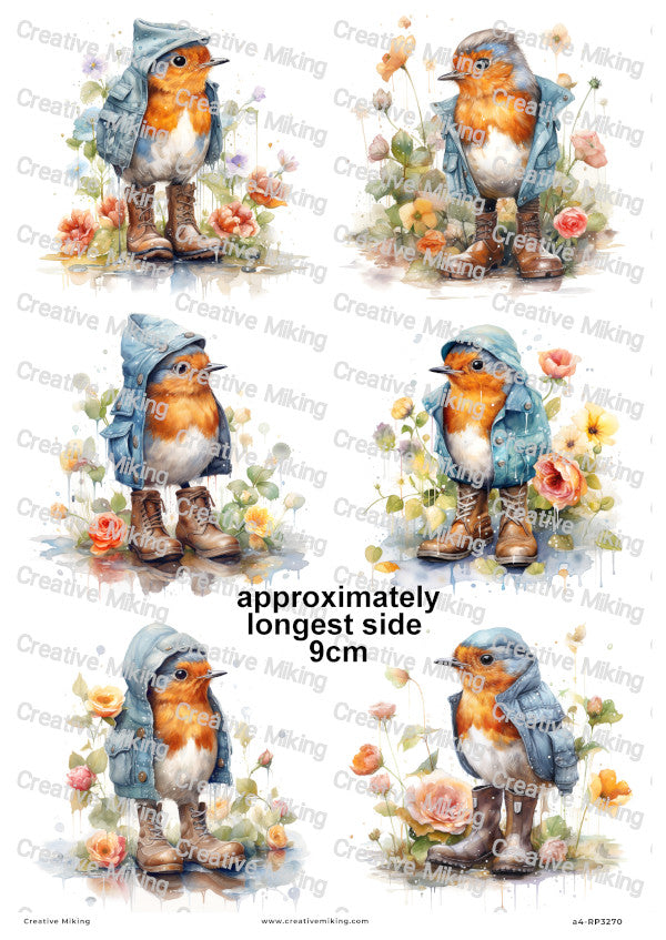 Robin Bird In Boots And Blue Jacket With Flowers Decoupage Rice Paper | RP3270