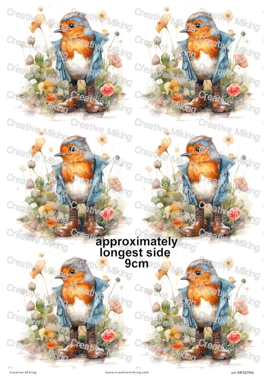 Robin Bird In Boots And Blue Jacket With Flowers Decoupage Rice Paper | RP3270b