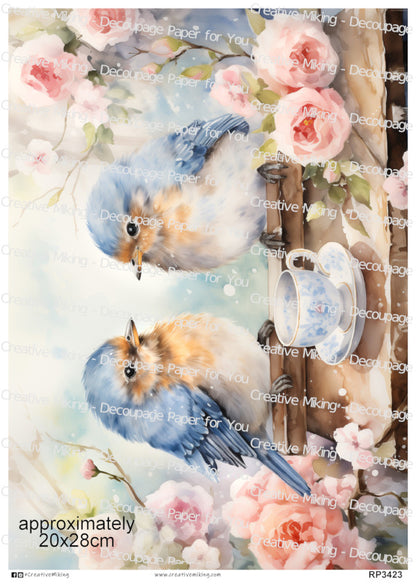 Blue Birds With Teacup and Roses Decoupage Paper | RP3423