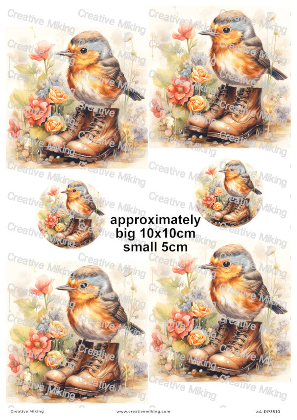 Robin Bird in Boots Among Flowers Decoupage Paper | RP3510