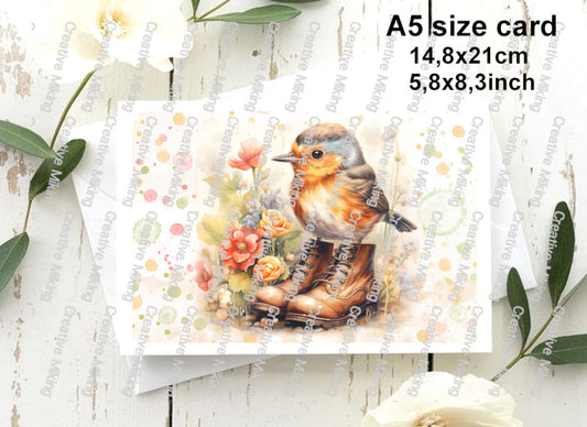 Robin Bird in Boots Among Flowers Decoupage Paper | RP3510a