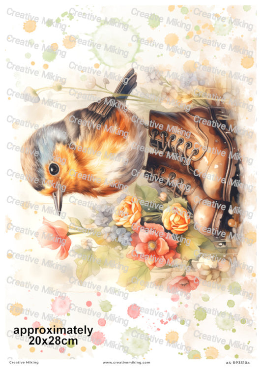 Robin Bird in Boots Among Flowers Decoupage Paper | RP3510a