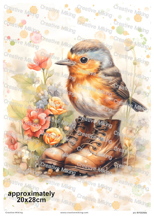 Robin Bird in Boots Among Flowers Decoupage Paper | RP3510b