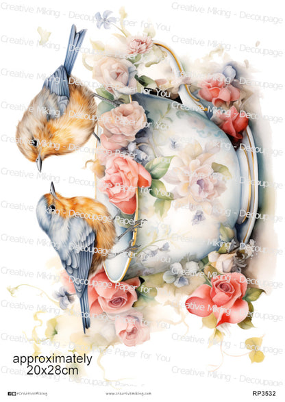 Robins in Floral Teacup Decoupage Paper | RP3532