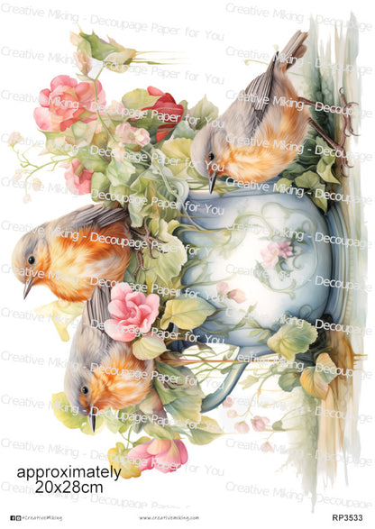 Robins in Floral Teacup Decoupage Rice Paper | RP3533