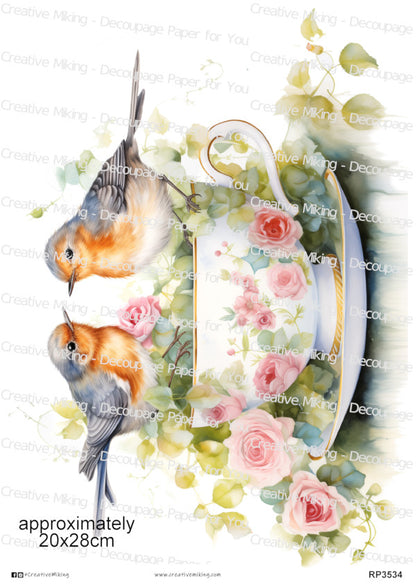 Robins in Floral Teacup Decoupage Paper | RP3534