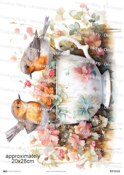 Robins in Floral Teacup Decoupage Paper | RP3535