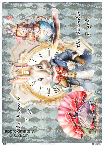 White Rabbit Quote Decoupage Paper – “The Hurrier I Go, The Behinder I Get” | RP3545