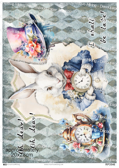 White Rabbit Quote Decoupage Paper – “Oh Dear! Oh Dear! I Shall Be Late!” | RP3546