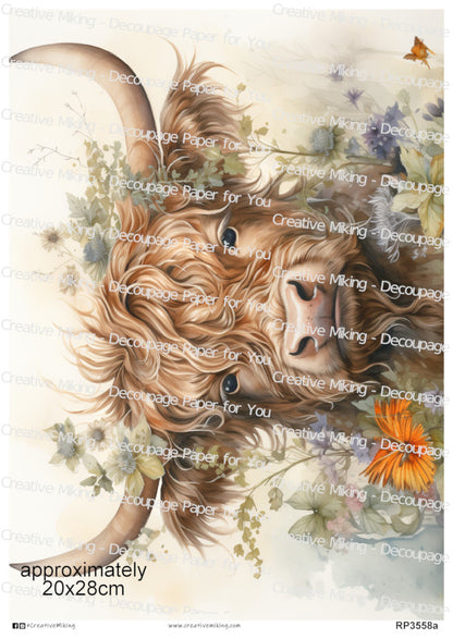 Highland Cow Among Wildflowers Decoupage Rice Paper | RP3558a