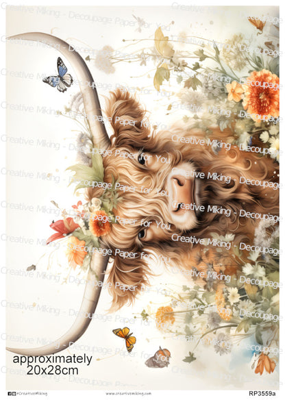 Highland Cow Among Wildflowers Decoupage Paper | RP3559a
