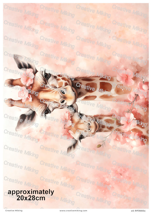 Giraffe Mother And Baby With Pink Flowers Decoupage Paper | RP3666a