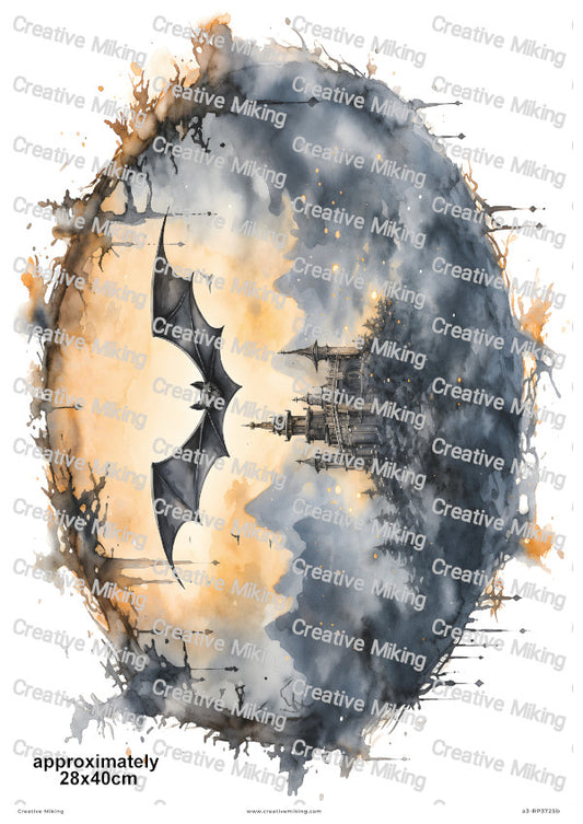 Bat And Gothic Castle Halloween Decoupage Rice Paper | RP3725b