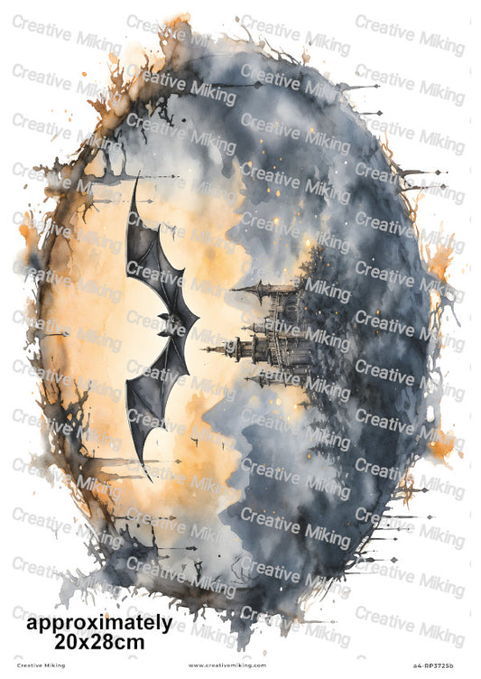Bat And Gothic Castle Halloween Decoupage Rice Paper | RP3725b