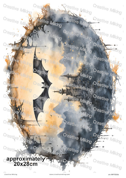 Bat And Gothic Castle Halloween Decoupage Rice Paper | RP3725b