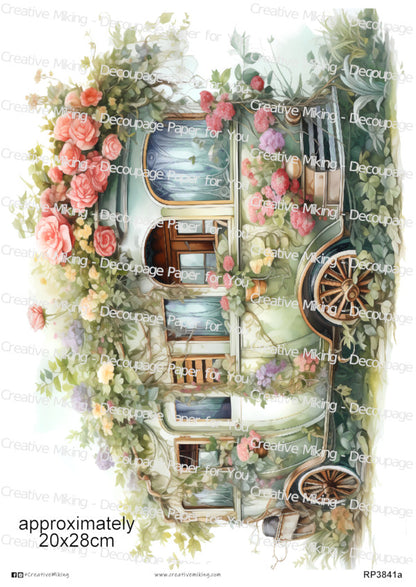 Vintage Caravan Among Flowers Decoupage Paper | RP3841a