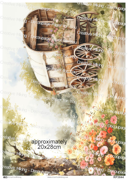 Rustic Wooden Caravan With Flowers Decoupage Rice Paper | RP3844