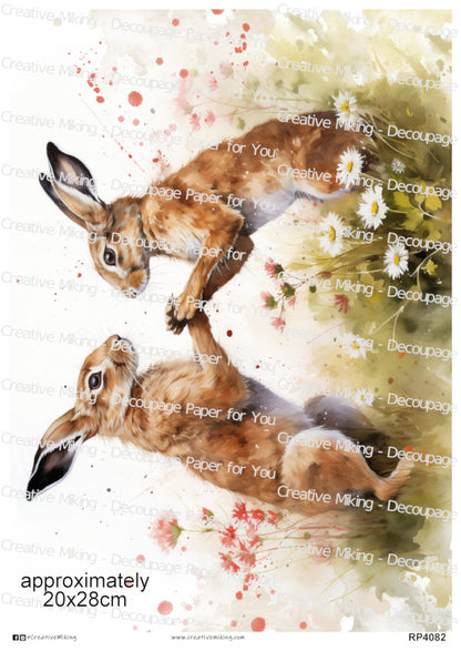 Boxing Hares Among Wildflowers Decoupage Paper | RP4082
