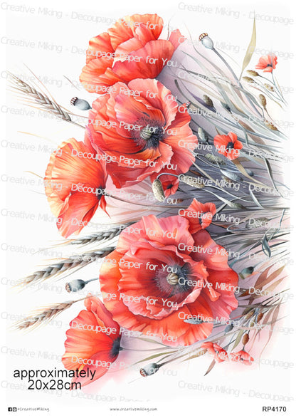 Red Poppies With Wheat Stems Decoupage Rice Paper | RP4170