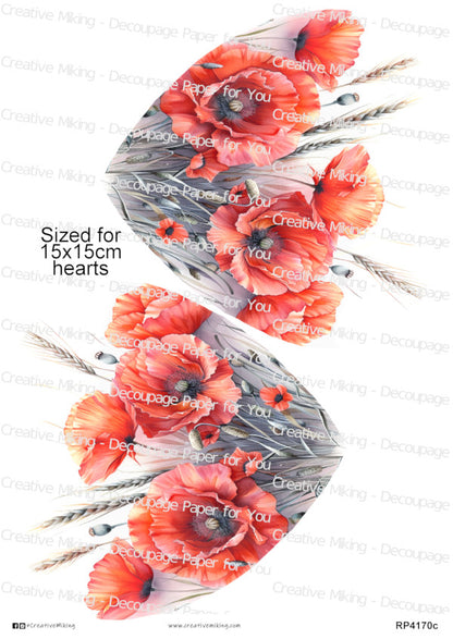 Red Poppies With Wheat Stems Decoupage Paper | RP4170c