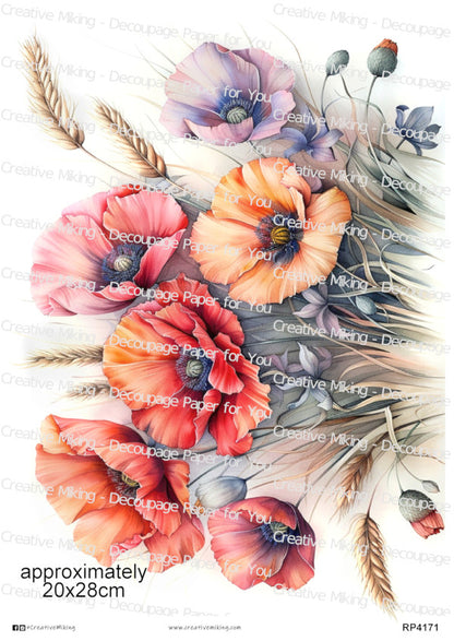 Pastel Poppies With Wheat Stems Decoupage Paper | RP4171