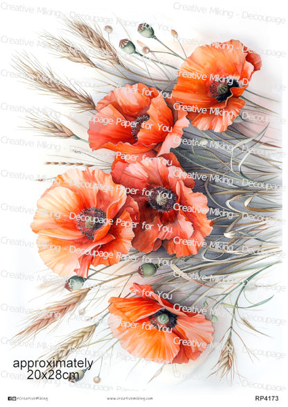 Red Poppies With Wheat Stems Decoupage Paper | RP4173
