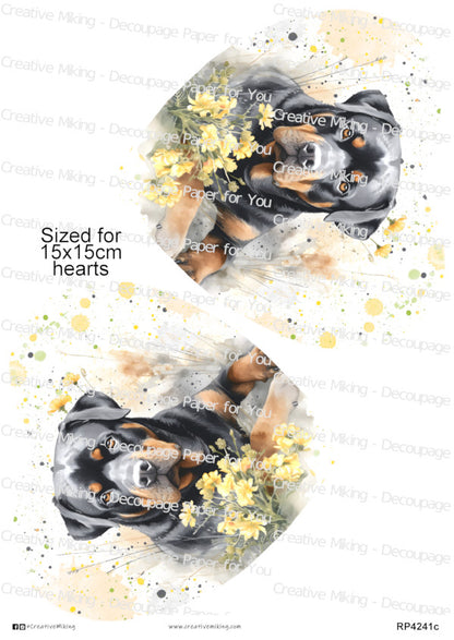 Rottweiler Dog With Yellow Flowers Watercolor Spalsh Decoupage Rice Paper | RP4241c
