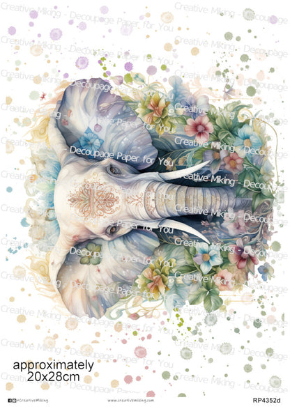 Elephant Among Flowers Watercolor Spalsh Decoupage Paper | RP4352d