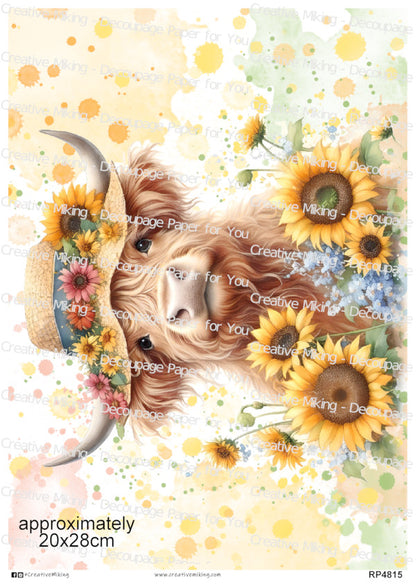Highland Cow With Sunflowers Decoupage Rice Paper | RP4815