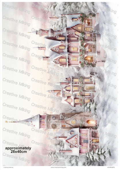 Pink Winter Village Christmas Decoupage Rice Paper | RP4874