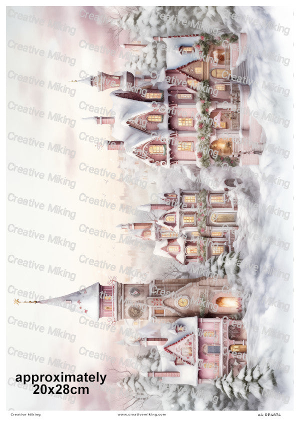 Pink Winter Village Christmas Decoupage Rice Paper | RP4874