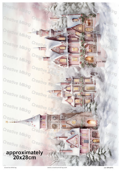 Pink Winter Village Christmas Decoupage Rice Paper | RP4874